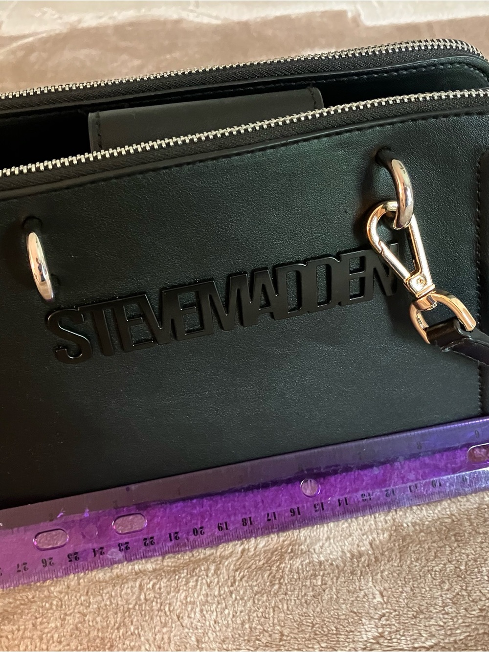 Steve Madden Black Faux Leather Logo Crossbody with Gold Hardware